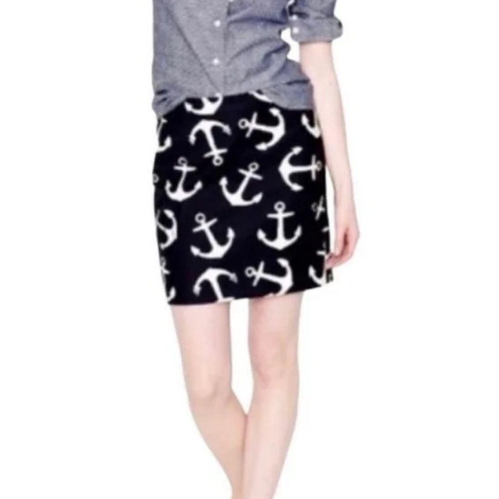 J. Crew Navy Blue White Anchor Print Nautical Coastal Pencil Skirt